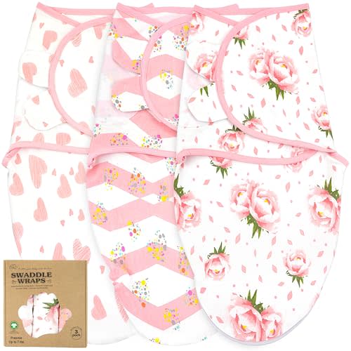 Organic Preemie Swaddles 4-7 lbs - 3-Pack Premature Babies Swaddle Sleep Sack - Premature Infant Sleeping Sack - Easy Adjustable Baby Swaddle Blanket Wrap (Hearts-Flowers)