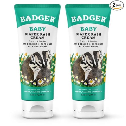 Badger Diaper Cream, 99% Organic Diaper Rash Cream for Baby, Zinc Oxide Ointment w/Soothing Calendula Cream for Sensitive Baby Skin, 2.9 fl oz, 2-Pack