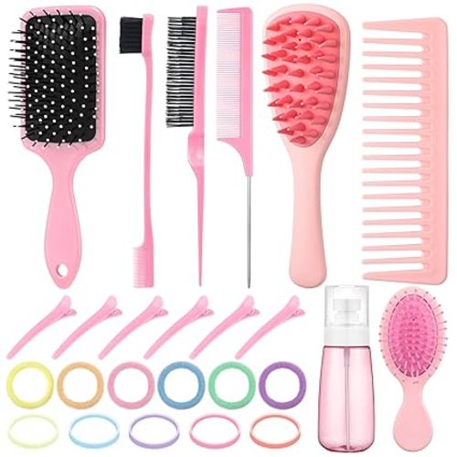 ProSuites 76 Pcs Pink Hair Brush Set for Baby Girls - Scalp Scrubber with Handle, Detangle Hair Brush, Spray Bottle, Slick Back Brush Set Wide Tooth Mini Wet Brushes for Travel Home Use