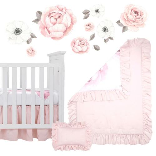 Lambs & Ivy Floral Garden Watercolor/Pink Linen 5-Piece Baby Crib Bedding Set
