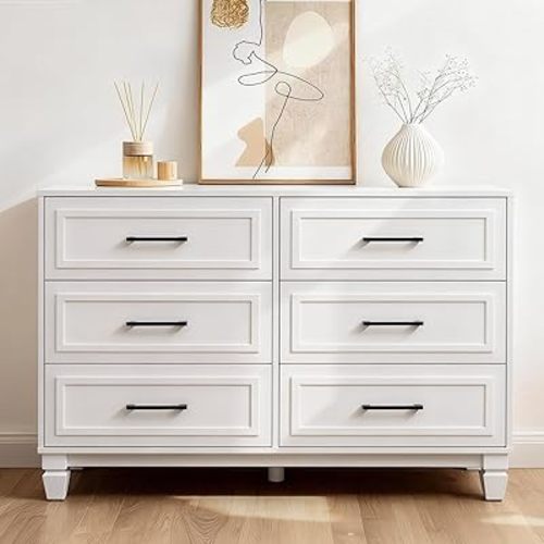 White Dresser for Bedroom, 6 Drawer Kids Dresser, Wood Chest of Drawers