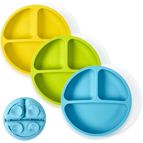 WeeSprout Suction Plates with Lids for Babies & Toddlers - 100% Silicone, Dinnerware Stays Put, Divided Design for Picky Eaters, Microwave & Dishwasher Friendly, 3 Pack