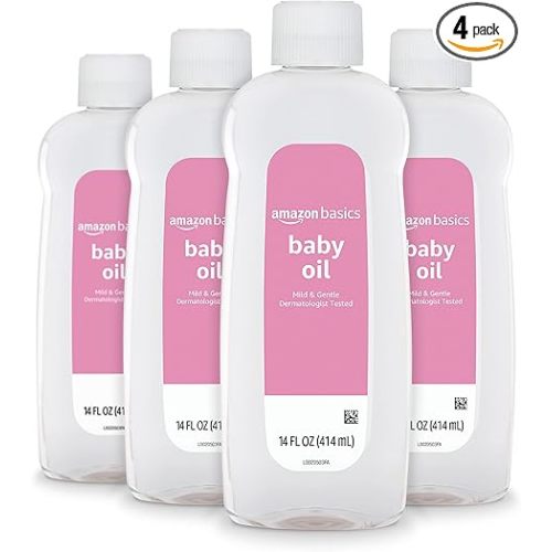 Amazon Basics Baby Oil, Mild & Gentle, Dermatologist Tested, Prevents Moisture Loss, Dry Skin Relief, 14 fl oz, 4-Pack (Previously Solimo)