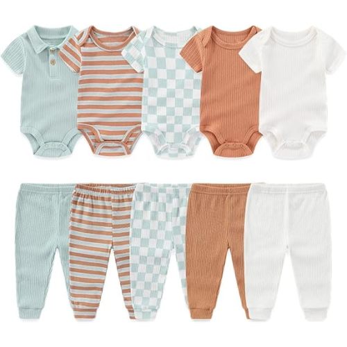 Kiddiezoom Newborn Baby Layette Set 10-Piece with Bodysuits and Pants Set for Unisex Baby Gift Sets