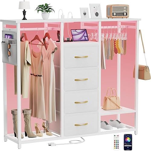 Dresser for Bedroom with 2 Clothes Racks,4 Drawer Dresser with Led Light and Charging Station,White Dresser with Hanging Rack,Dresser with Side Pocket and Hooks,White