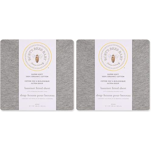 Burt's Bees Baby Bassinet Sheet, Fitted Unisex 100% Organic Jersey Cotton Bassinet Sheet for Standard Bassinet Mattress (Pack of 2)
