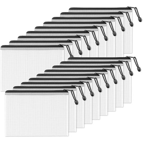 SUNEE Plastic Mesh Zipper Pouch 7.8x10.8 in (Black, 18 Packs),Extra Large Water-Resistant Zip Bag for School Office Supplies, Puzzles & Games Organizing Storage