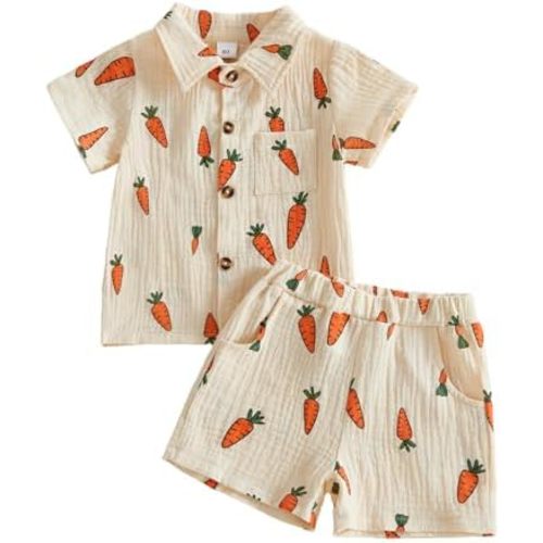 Toddler Baby Boy Easter Outfit Carrot Cotton Linen Short Sleeve Button Down Shirt and Shorts Set Summer Clothes