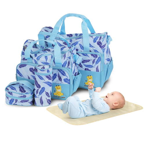 Imountek 5Pcs Baby Diaper Bag Set Multi-Pocket Travel Tote Bags with Diaper Pad Food Bag Bottle Bag for Mom Dad, Light Blue