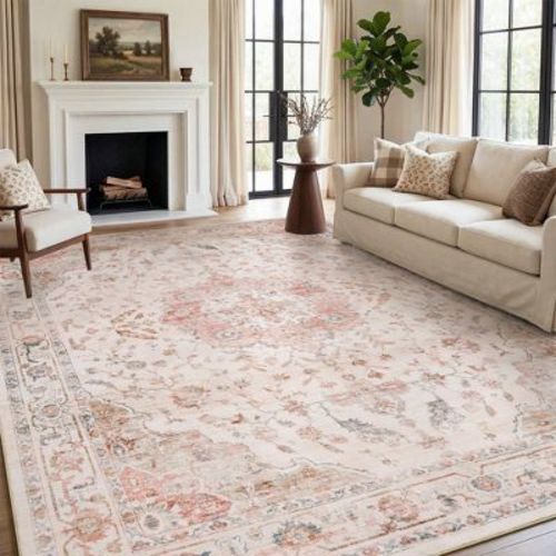 MontVoo Vintage Floral Medallion Washable Rug Pink 8'x10'