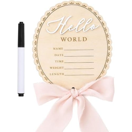 Baby Birth Announcement Sign Props,Wooden Hello World Newborn Sign for Girl