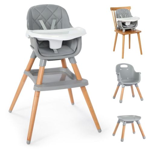 Kinder King 7 in 1 Baby High Chair Convert to Wooden Feeding Chair Removable Tray 5-Point Harness Gray