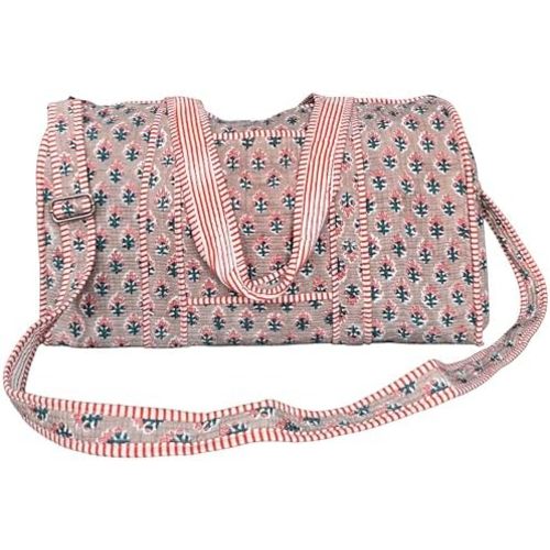 ATOSII Handblock Print 100% Cotton Large Quilted Duffle Bag for Overnight Trip, Travel Weekend Bag, Luggage, 2 Pockets with Zipper, 1 Front Pocket, Detachable Long Strap, 20 X 10 X 12 Inches, Pebble