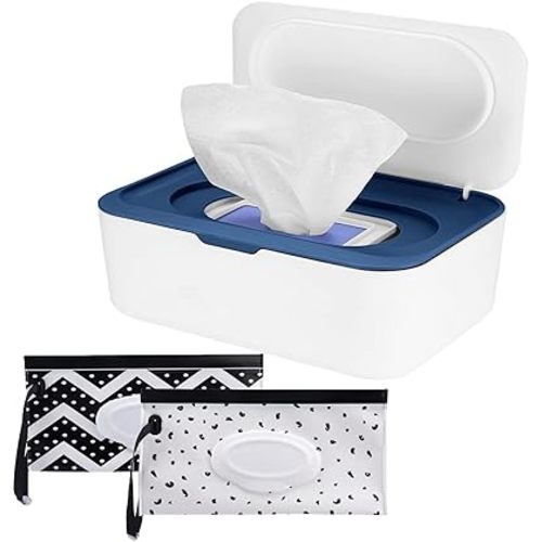Baby Wipes Dispenser Case, Reusable Baby Wipe Holder Box with 2 Portable Wet Wipes Pouch, Refillable Wipes Pouch Case Container with Lid for Bathroom Baby Nursery Kitchen Office Travel (Blue)