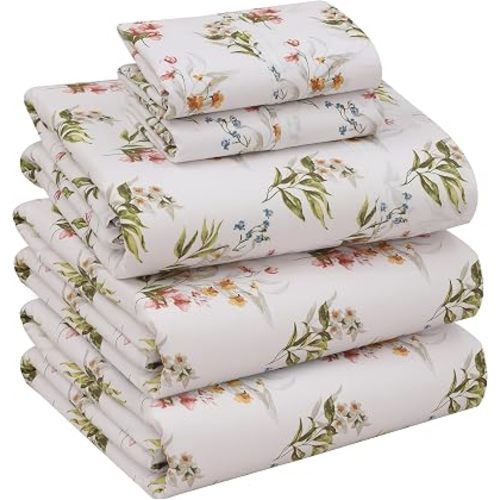 RUVANTI 100% Cotton Split King Sheets, Percale Sheet Set, Floral Bliss