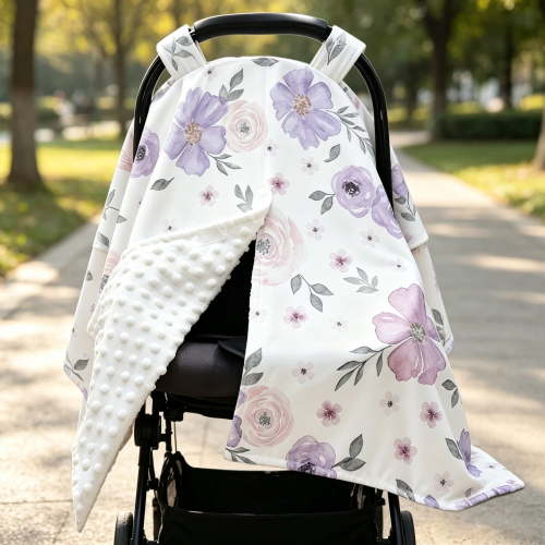 Purple Floral Print Infant Car Seat Cover — Multifunctional Nursing Cover / Sunshade