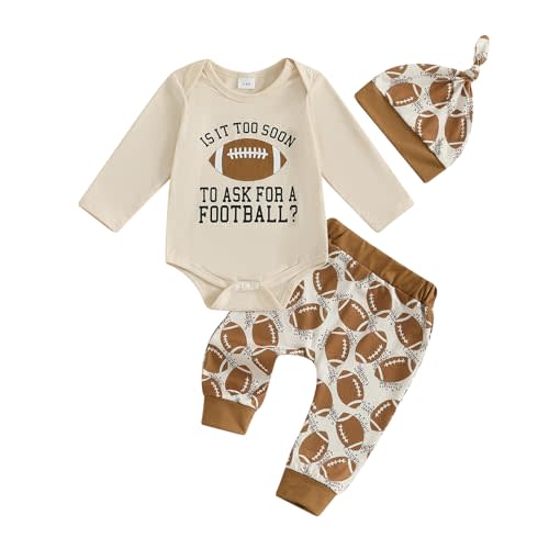 sfhioph Newborn Baby Boy Football Clothes Letter Rugby Print Long Sleeve Romper Pants and Cap 3 Pcs Outfits Set