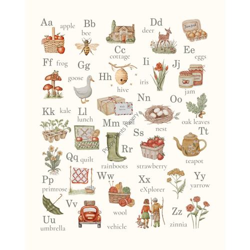 Country Cottage Alphabet Chart PRINTABLE ( all hand painted images) watercolor, strawberry, cottage , montessori, abc , school , homeschool