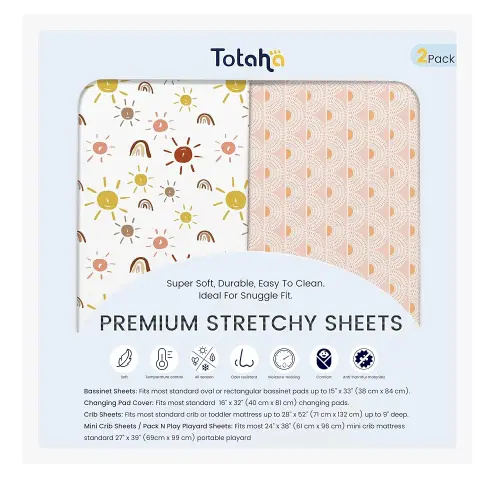 TotAha Mini Crib Sheets Boho Rainbow, Hypoallergenic Pack N Play Mattress Sheets, Buttery Soft Pack and Play Fitted Sheets 24x38x5, 2 Pack