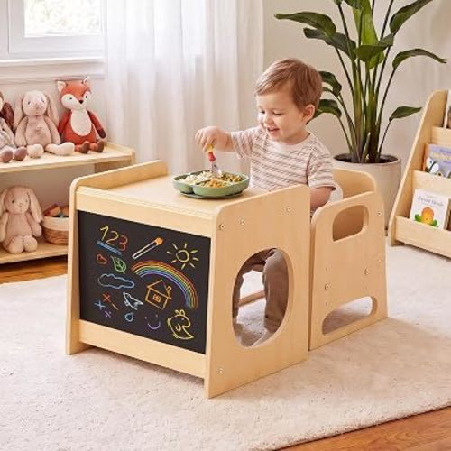 GVOO Montessori Weaning Table and Chair Set, 3 Adjustable Height Toddler Table and Chair Set, for Eating, Reading, Baby Proofing Design