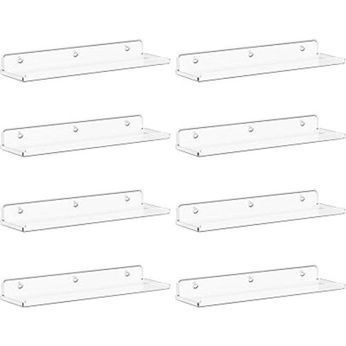 Lifewit Floating Shelves for Wall, 8 Pack Clear Acrylic Shelf 15" Room Decor for Bookcase/Vinyl Record Display/Photo/Picture in Bedroom, Living Room, Bathroom, Kitchen Storage and Organization