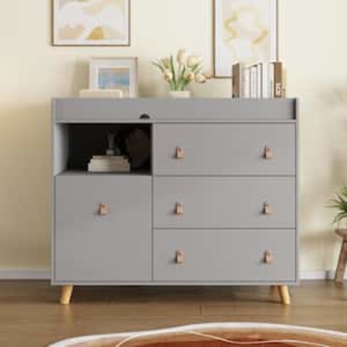 Gray 4-Drawers 44.9 in. Width Changing Table, Kids Dresser, Nursery Storage Organizer with Shelf