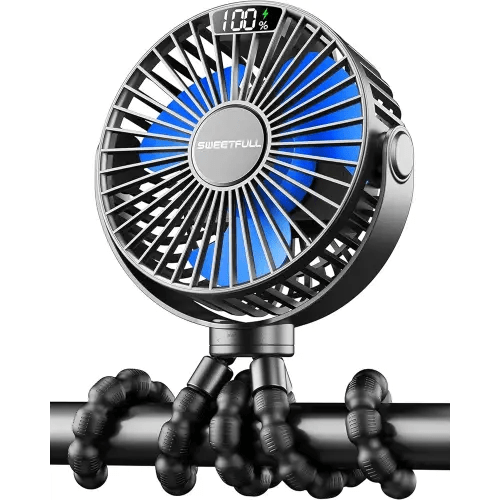 SWEETFULL Portable Stroller Fan with Display 4000mAh Battery Powered Mini Clip On Fan, 4-Speed Rechargeable Small Personal Cooling for Baby Car Seat Crib Travel - Black