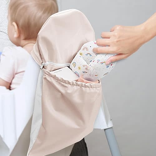 High Chair Back Pocket, Chairs Bag Compatible with Ikea High Chair with Wipeable Waterproof Material, One Large Storage Pouch with Internal Zipper Pocket for Baby (Beige)