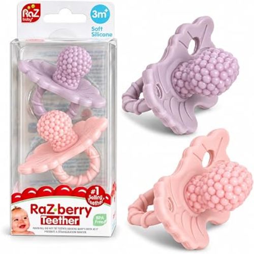 RaZbaby RaZberry Silicone Teether Pacifier – Teething Relief for Infants, Food-Grade, Hands & BPA Free, Natural Berrybumps Fruit Texture for Sensory Development, Freezable, 2-Pack - Lavender & Pink