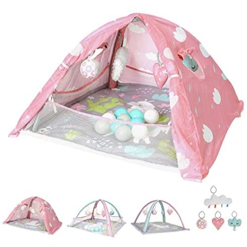 LADIDA 3-in-1 Baby Activity Gym & Play Mat | Combination Baby Play Center with Ball Pit & Tent | Infant Floor Tummy Time Mat with 4 Sensory Toys & Mesh Cover for Newborn to Toddler - Llama
