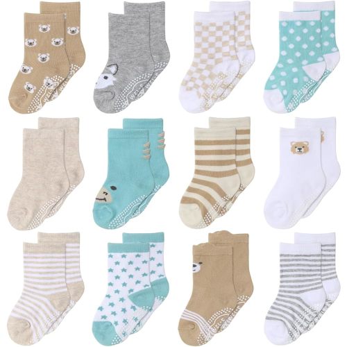 The Peanutshell Organic Baby Unisex Socks 0-24 Months Set of 12 Non-Slip Grip Soft Cotton Newborn & Toddler Socks - Gray Mint