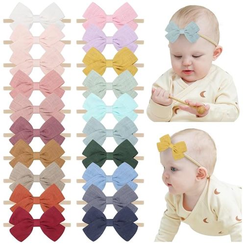 jollybows 20pcs Baby Girls Nylon Hair Bows Headbands Linen Bands Elastic Accessories for Baby Girls Infants preemie and Newborn Kids
