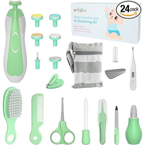 Baby Healthcare and Grooming Kit, 24 in 1 Baby Electric Nail Trimmer Set Newborn Nursery Health Care Set for Newborn Infant Toddlers Baby Boys Girls Kids (0-3 Years+) (Green)