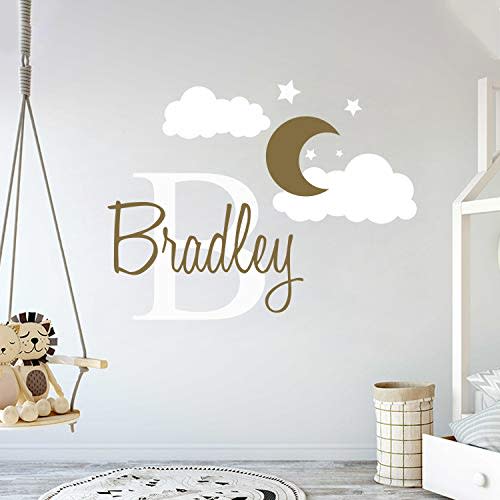 Custom Name & Initial Moon Clouds Stars - Baby Boy - Nursery Wall Decal For Baby Room Decorations - Mural Wall Decal Sticker For Home Children's Bedroom (MM109) (Wide 32" x 24" Height)