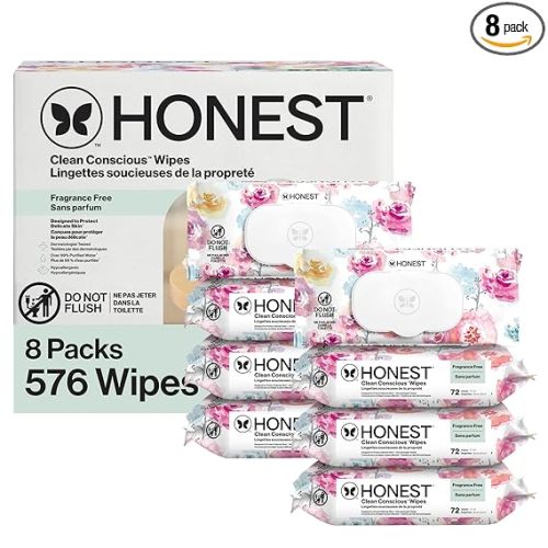 The Honest Company Baby Wipes for Sensitive Skin, Hypoallergenic, Fragrance-Free, Multi-Use, Rose Blossom Design, 576 Count (6 Packs of 96)