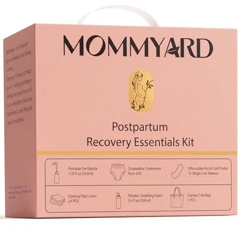 Postpartum Essentials Recovery Kit, Labor & Delivery Gift for Mom | Includes peri bottle, soothing foam, self-absorbent disposable underwear, hot cold packs, soothing liners and canvas tote bag