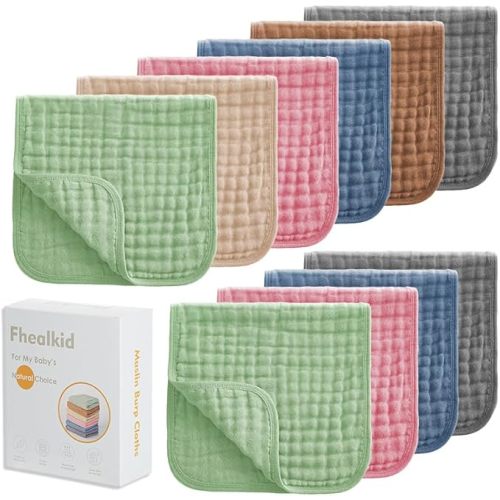 Muslin Burp Cloths Sets Newborn Baby Boy Essentials Must Haves 100% Cotton 5 Pack 20" X 10",6-Layer Baby Bibs & Burp Cloths for Baby Drool and Messes - Soft (DEERGREEN04, 10 - Pack 20"X10")