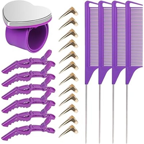 23 Pieces Hair Parting Tools Set, Magnetic Wrist Pin Holder for Braiding, Sectioning Clips, Rat Tail Combs, Hair Parting Rings