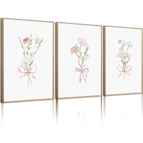 Girl Flower Bow Wall Art Coquette Pink Floral Canvas Wall Decor Nursery Wildflower Poster Aesthetic Flower Pictures Soft Pink Bow Prints Cute Floral for Teen Girls Bedroom 12x16 Inch Unframed 3Pcs
