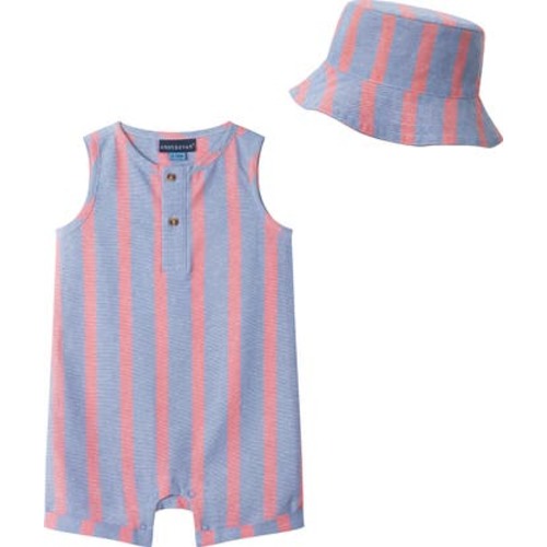 Cotton Seersucker Romper & Hat Set, 3-6M