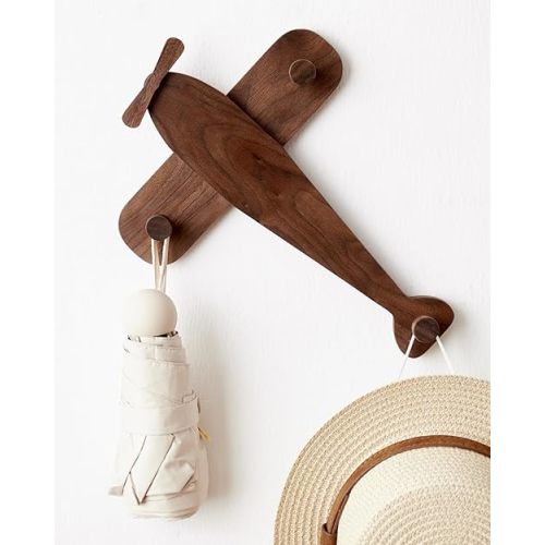 Kids Coat Rack Wall Mount, Airplane-Shaped Wooden Wall Coat Hooks for Kids, Cute Walnut Coat Hanger Heavy Duty for Bathrooms, Door, Entryway, Kids Room, or Nursery