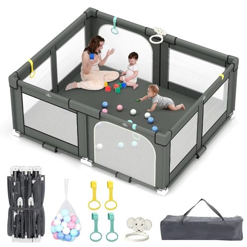 Foldable Playpen for Babies and Toddlers, 72" x 59" Extra Large Collapsible Play Pen with Basket, 4 Handlers & 50 Ocean Balls, Portable Travel Play Yard with Carry Bag, No Installation, Grey