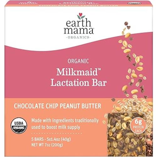 Earth Mama Organic Milkmaid® Lactation Bars, Chocolate Chip Peanut Butter, 5 Count – USDA Certified Organic Breastfeeding Snacks Made with Ingredients Traditionally Used to Boost Breastmilk Supply