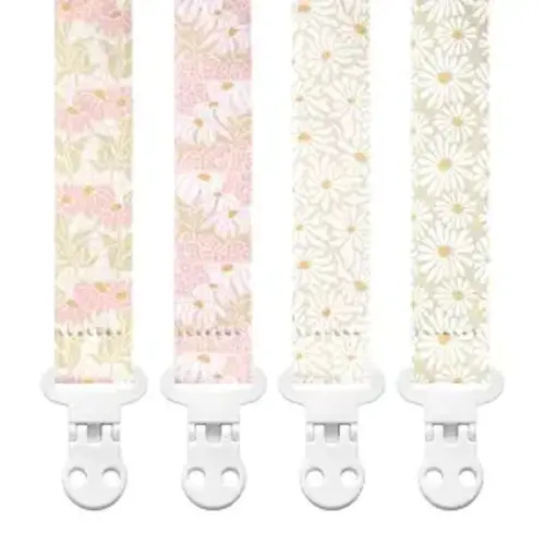Stadela Baby Fabric Pacifier Clip Holder, Plastic Clip, 4‑Pack, Flowers Pattern, Poloma Set