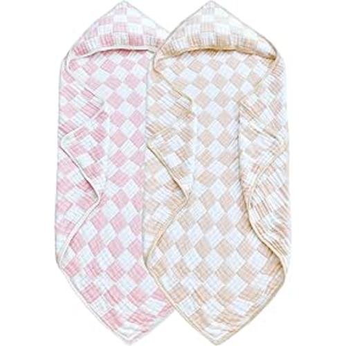 Brnabiou Ultra Soft Checkered Muslin Hooded Baby Towels for Newborn Boys and Girls 2 Pack 32x32 inch Cotton Muslin Baby Bath Towels for Newborns Toddlers,Newborn Essential (Cream and Pink)