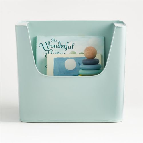 Small Mint Green Metal Stacking Storage Bin with Handles