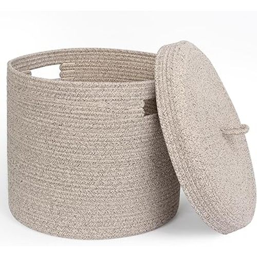 Storage Basket with Lid, Woven Blanket Storage for Living Room, Soft Cotton Rope Bin with Lid, Round Wicker Laundry Basket with Cover, Lidded Kids Dog Toy Bin, Nursery Organizer, 15" x 13"