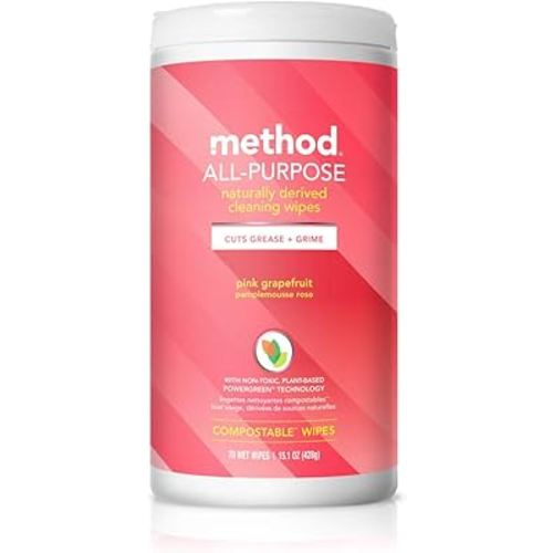 Method All-Purpose Cleaning Wipes, Pink Grapefruit, Multi-Surface, Compostable, 70 Count (Pack of 1)