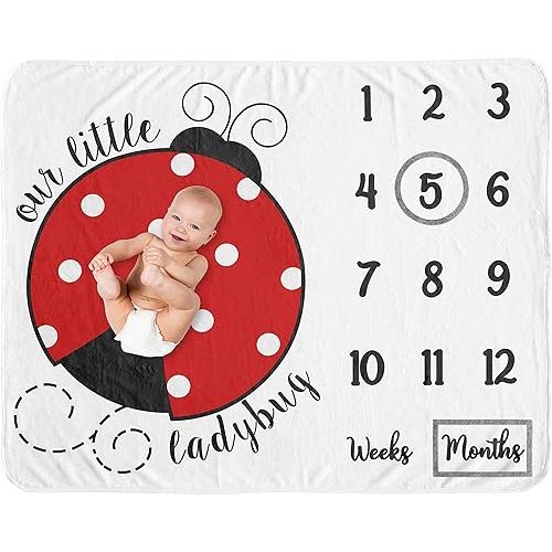 Sweet Jojo Designs Little Ladybug Girl Milestone Blanket Monthly Newborn First Year Growth Mat Baby Shower Memory Keepsake Gift Picture - Red Black and White Polka Dot