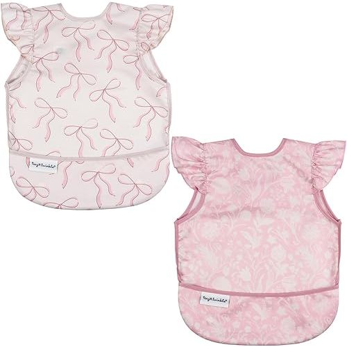 Tiny Twinkle Mess Proof Baby Bibs | 2 Pack Waterproof Toddler Bib for Eating | Baby Apron for Feeding, Machine Washable, Perfect Shower Gift (Bows,Toile, 6–24M)